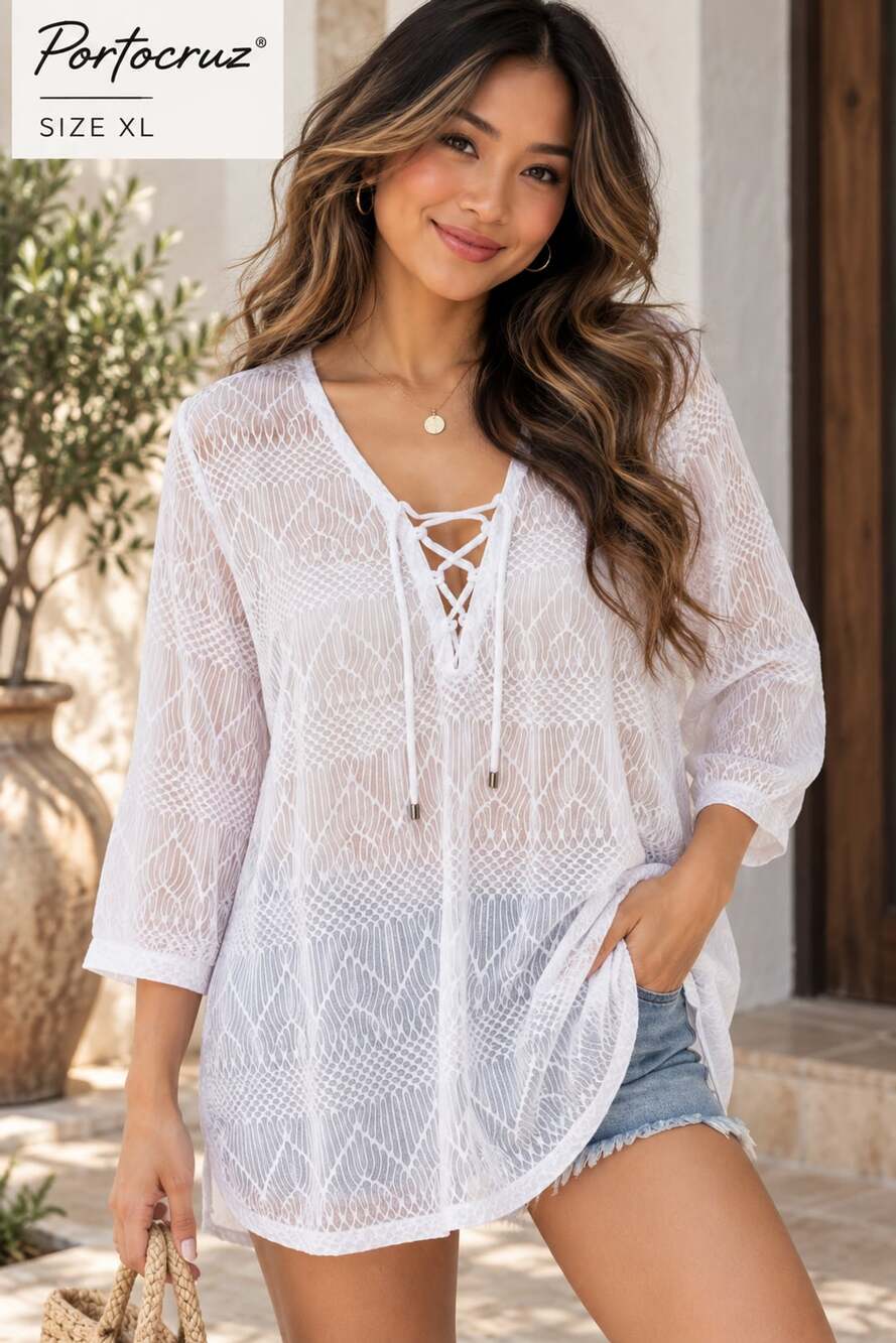 Portocruz Swim Cover-Up Tunic Size 2X White Crochet Lace-Up
